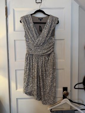Express Silver One-Shoulder Sequin Cocktail Dress